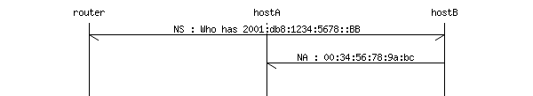 msc {
router [label="router", linecolour=black],
hostA [label="hostA", linecolour=black],
hostB [label="hostB", linecolour=black];

hostA->* [ label = "NS : Who has 2001:db8:1234:5678::BB" ];
hostB->hostA [ label = "NA : 00:34:56:78:9a:bc"];
|||;
}